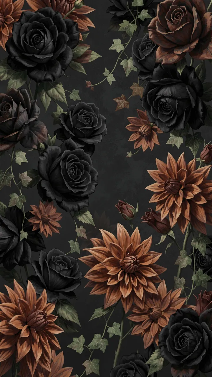 Painterly arrangement of black roses, dusky orange dahlias, and trailing ivy on a deep charcoal background