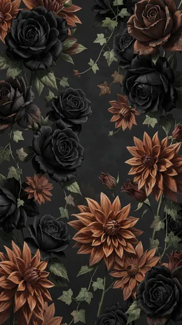Painterly arrangement of black roses, dusky orange dahlias, and trailing ivy on a deep charcoal background