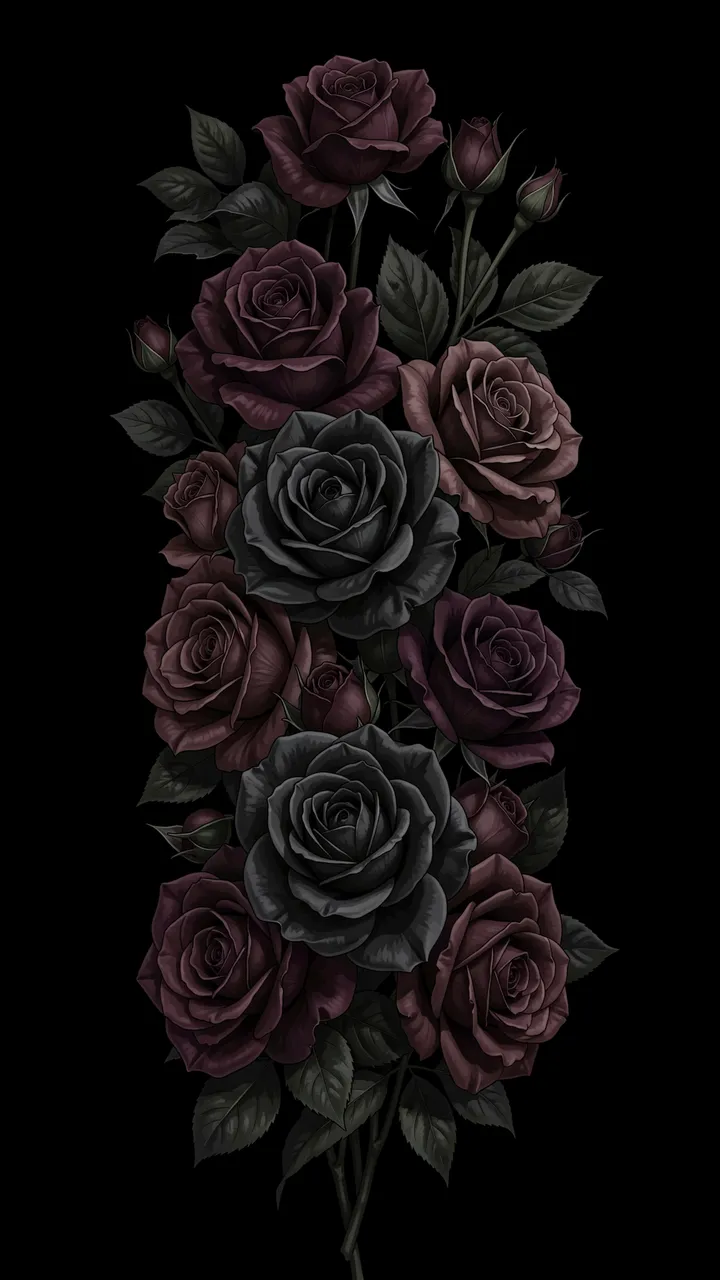 Vertical clustered bouquet of dark plum, burgundy, and black roses against a solid black background