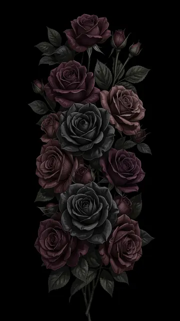 Vertical clustered bouquet of dark plum, burgundy, and black roses against a solid black background