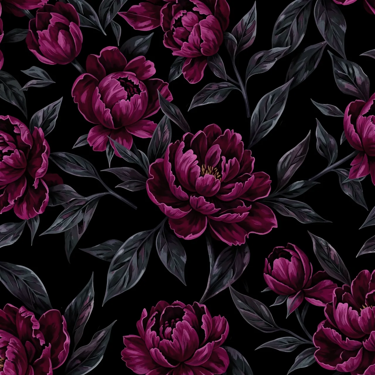 Hand-painted deep magenta peonies and dark leaves arranged in a seamless pattern on a solid black background