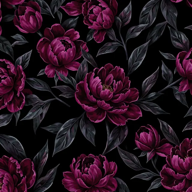 Hand-painted deep magenta peonies and dark leaves arranged in a seamless pattern on a solid black background