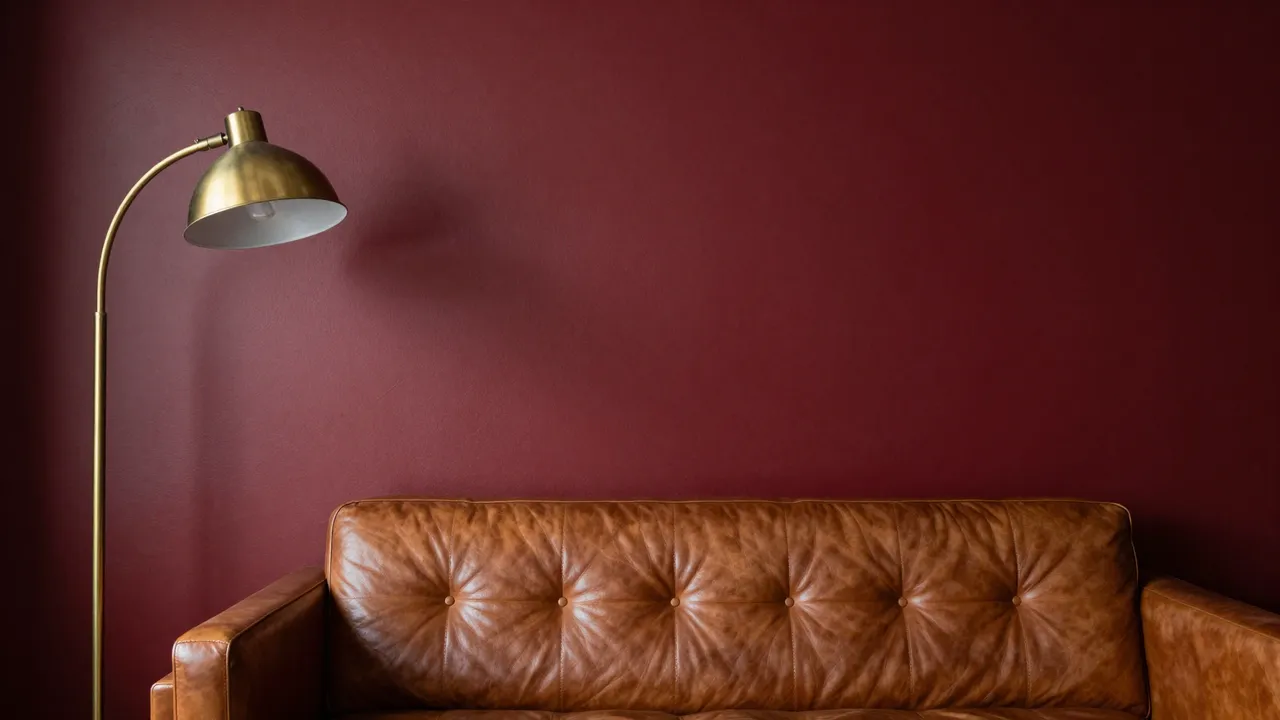 A tufted brown leather sofa and brass floor lamp sit against an oxblood red wall with large empty copy space.