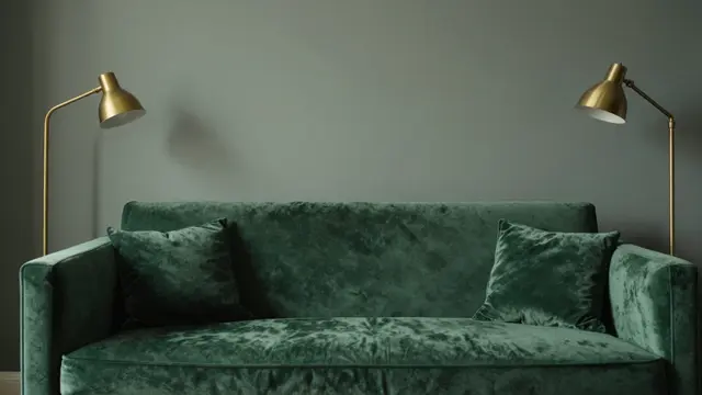A green velvet sofa flanked by brass floor lamps against a muted gray empty wall