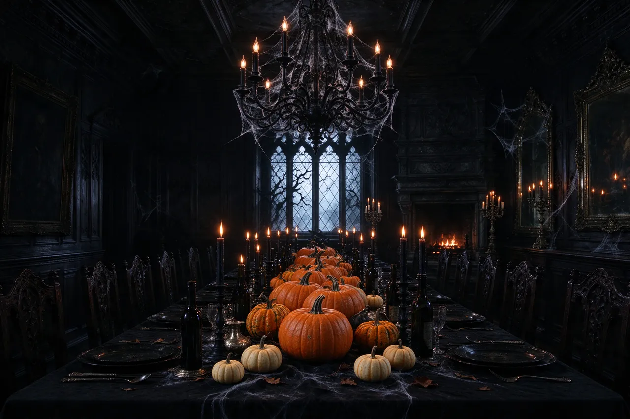 Dark gothic dining room set for Halloween with cobweb-covered chandelier, black candles, and pumpkins lining the long table