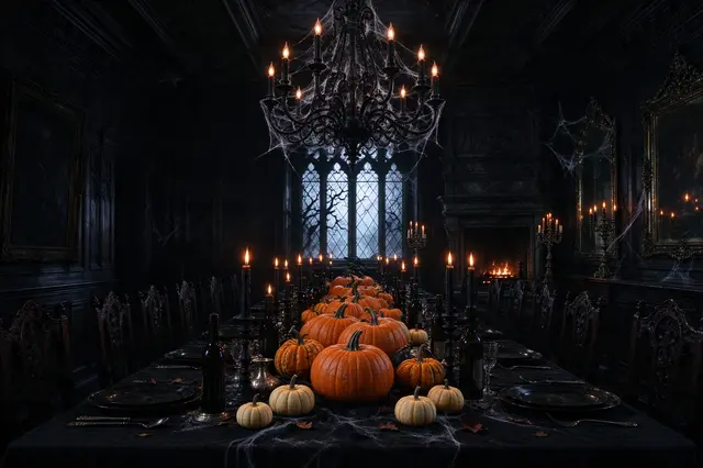 Dark gothic dining room set for Halloween with cobweb-covered chandelier, black candles, and pumpkins lining the long table