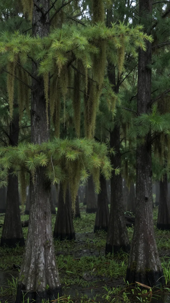 Hanging moss drapes from cypress trees in a foggy dark swamp