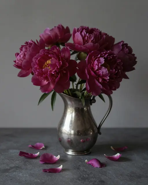 Deep magenta peonies arranged in a tarnished silver pitcher with scattered fallen petals on a dark tabletop