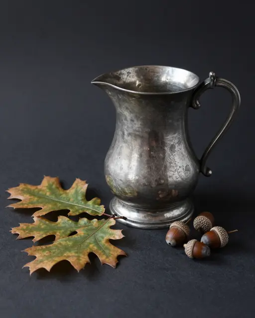 An aged engraved pewter jug sits beside oak leaves and acorns on a dark matte background