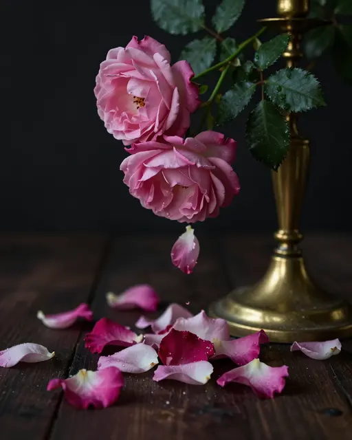 Dark moody still life of pink garden roses with falling petals beside a brass candlestick on dark wood