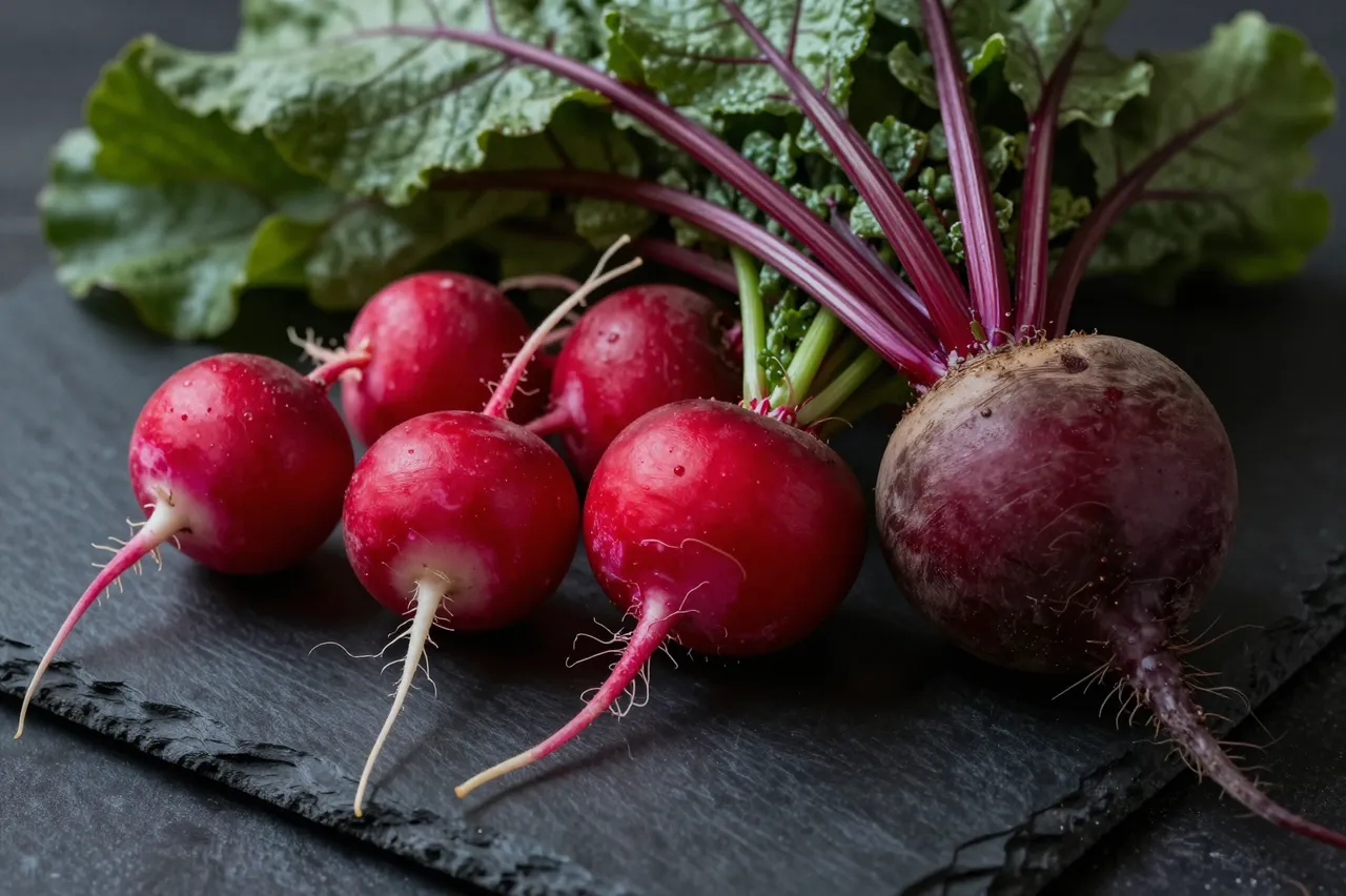 Fresh radishes and a beet with leafy tops arranged on a dark slate platter