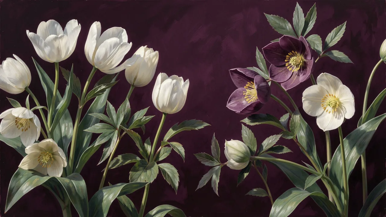 Painterly arrangement of white tulips and hellebore flowers against a deep plum background