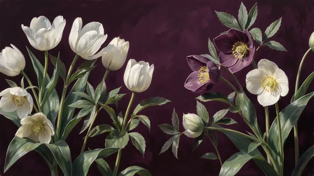 Painterly arrangement of white tulips and hellebore flowers against a deep plum background