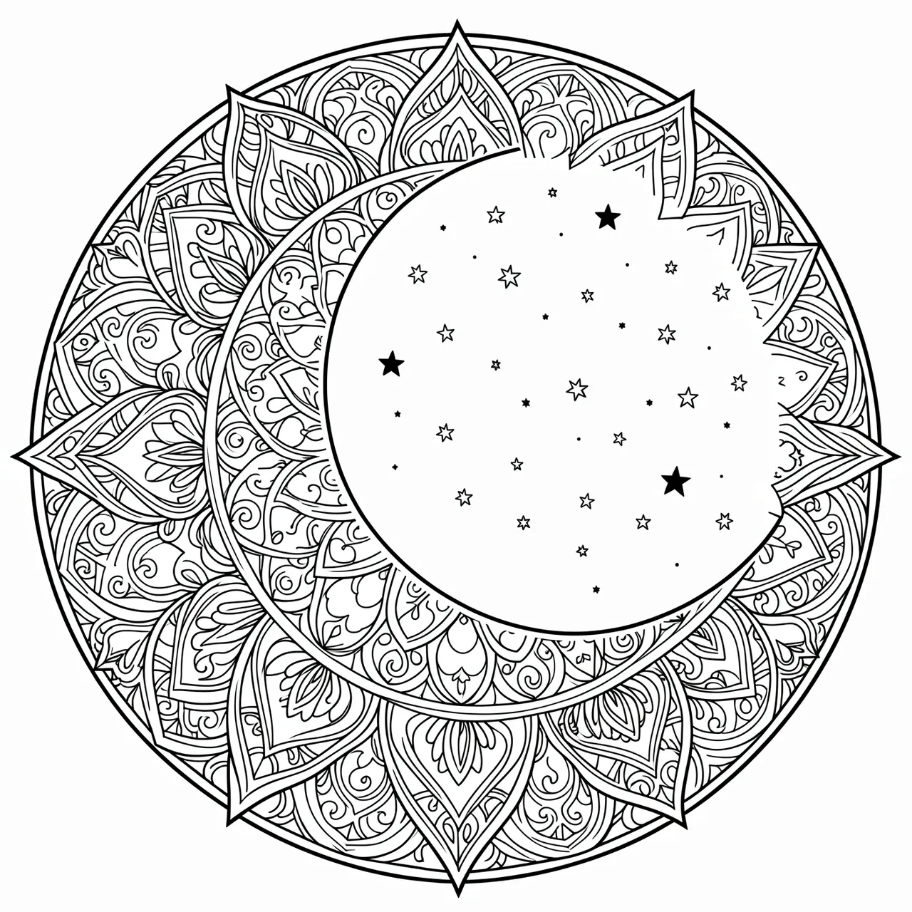 Black and white intricate line art mandala featuring a crescent moon and scattered stars on a plain white background