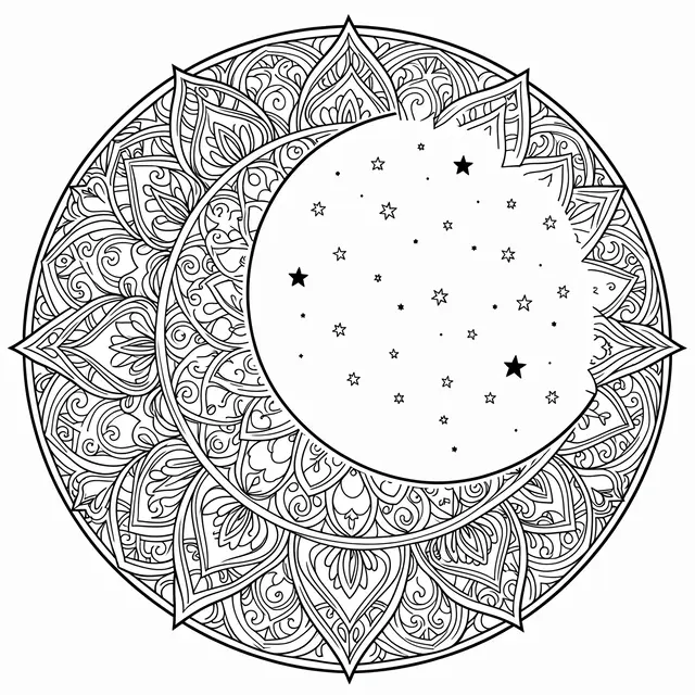 Black and white intricate line art mandala featuring a crescent moon and scattered stars on a plain white background