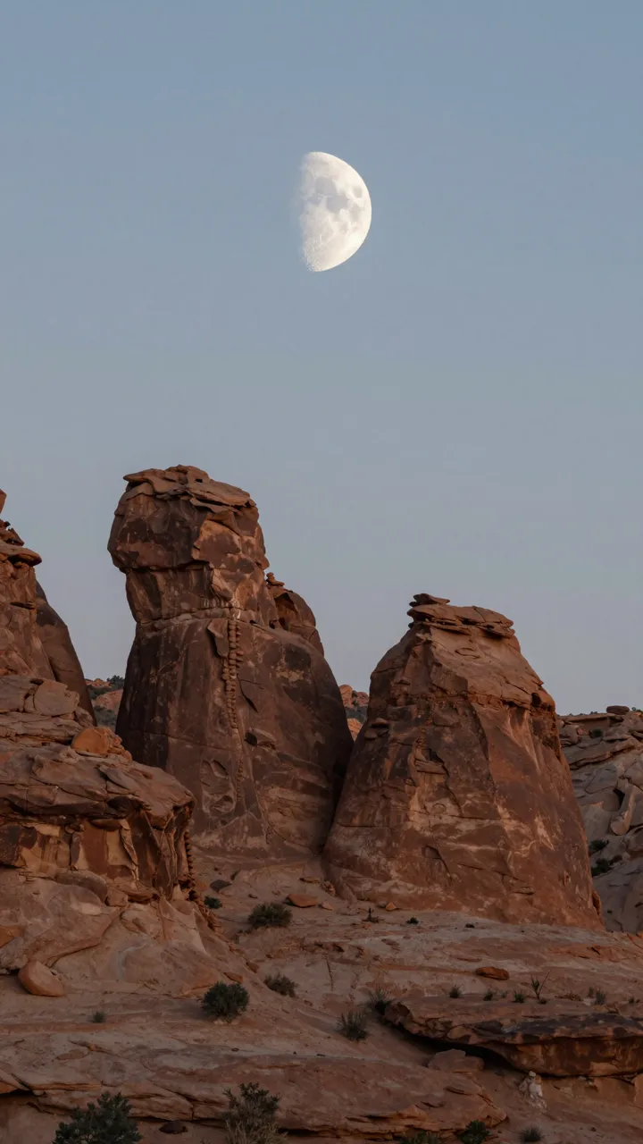 Half moon hangs above eroded desert hoodoo rock spires at pale twilight