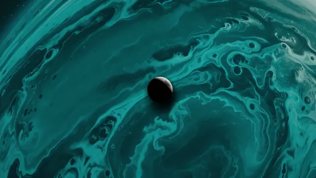 A small shadowed moon passes in front of swirling teal cloud bands on a distant gas giant