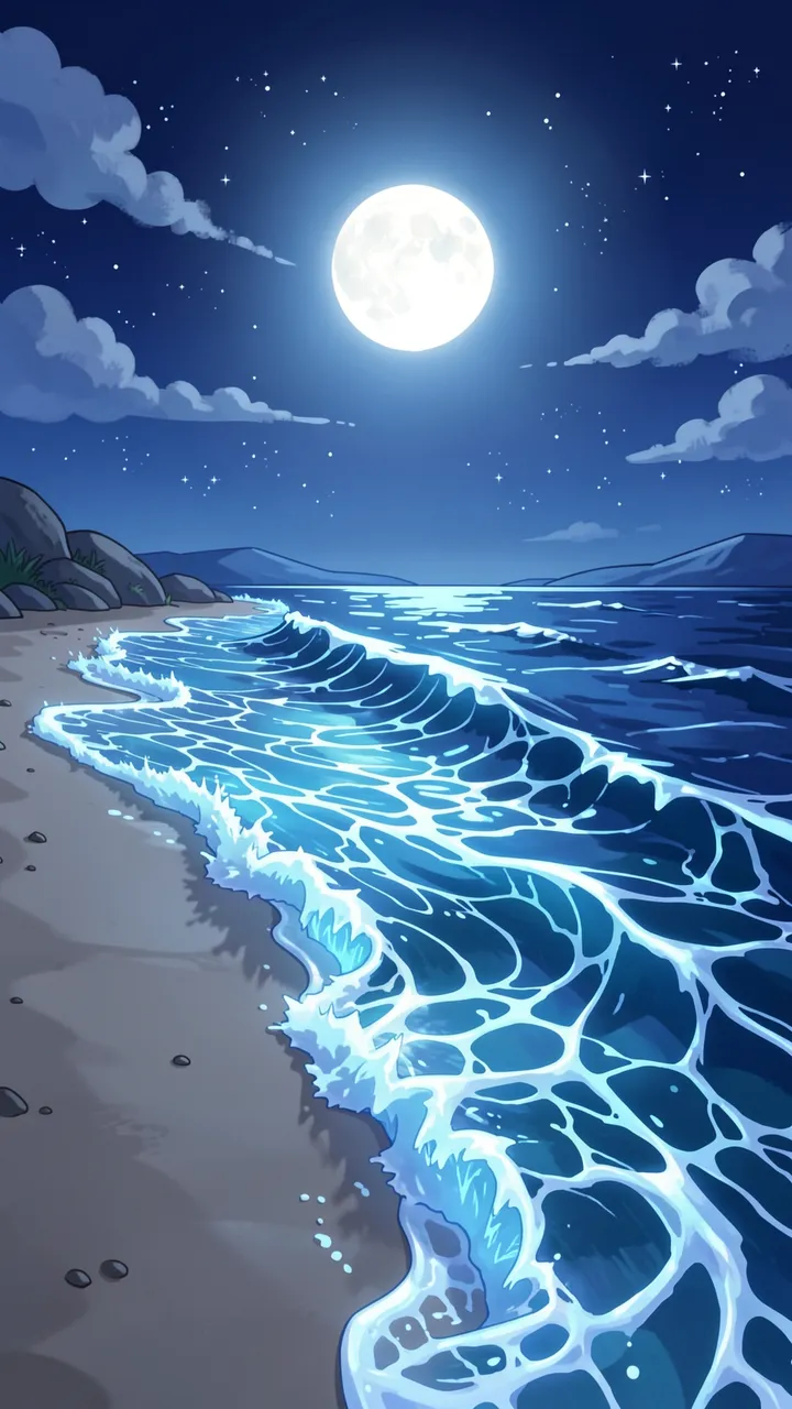 Glowing blue ocean waves lap onto a sandy beach under a bright full moon and starry night sky