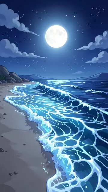 Glowing blue ocean waves lap onto a sandy beach under a bright full moon and starry night sky