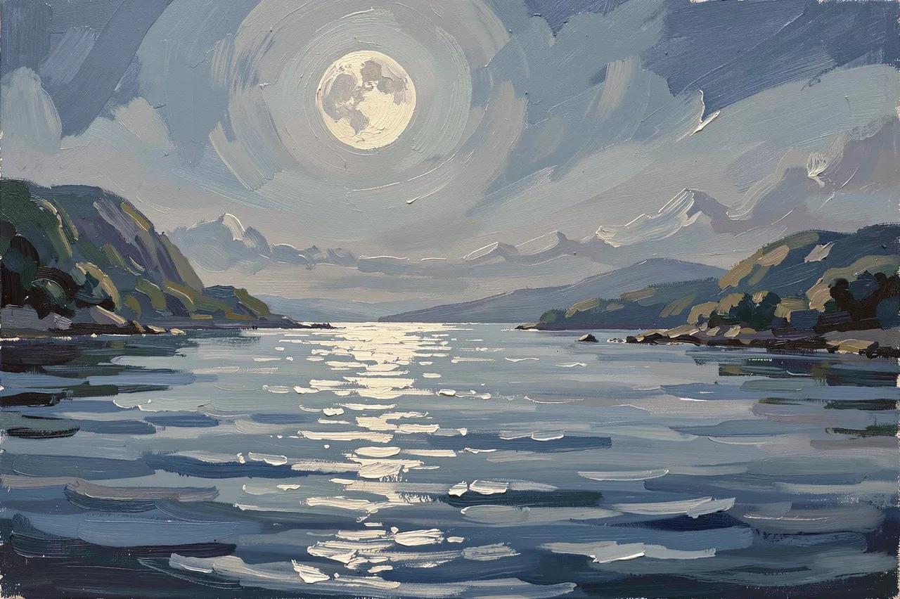 Impressionist oil painting of a full moon casting a glowing silver reflection across a calm coastal bay