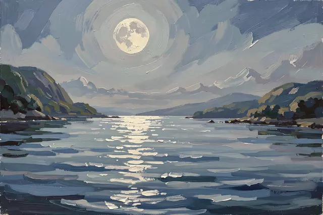 Impressionist oil painting of a full moon casting a glowing silver reflection across a calm coastal bay