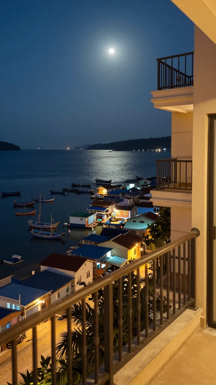 Hotel balcony view overlooking a quiet moonlit fishing village and calm bay at night