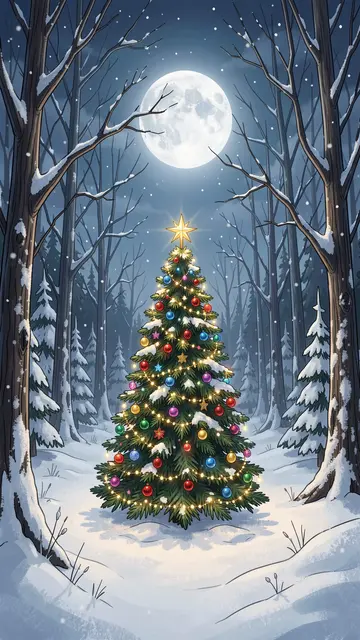 A decorated snow-covered Christmas tree stands in a snowy forest clearing beneath a bright full moon as snow falls.