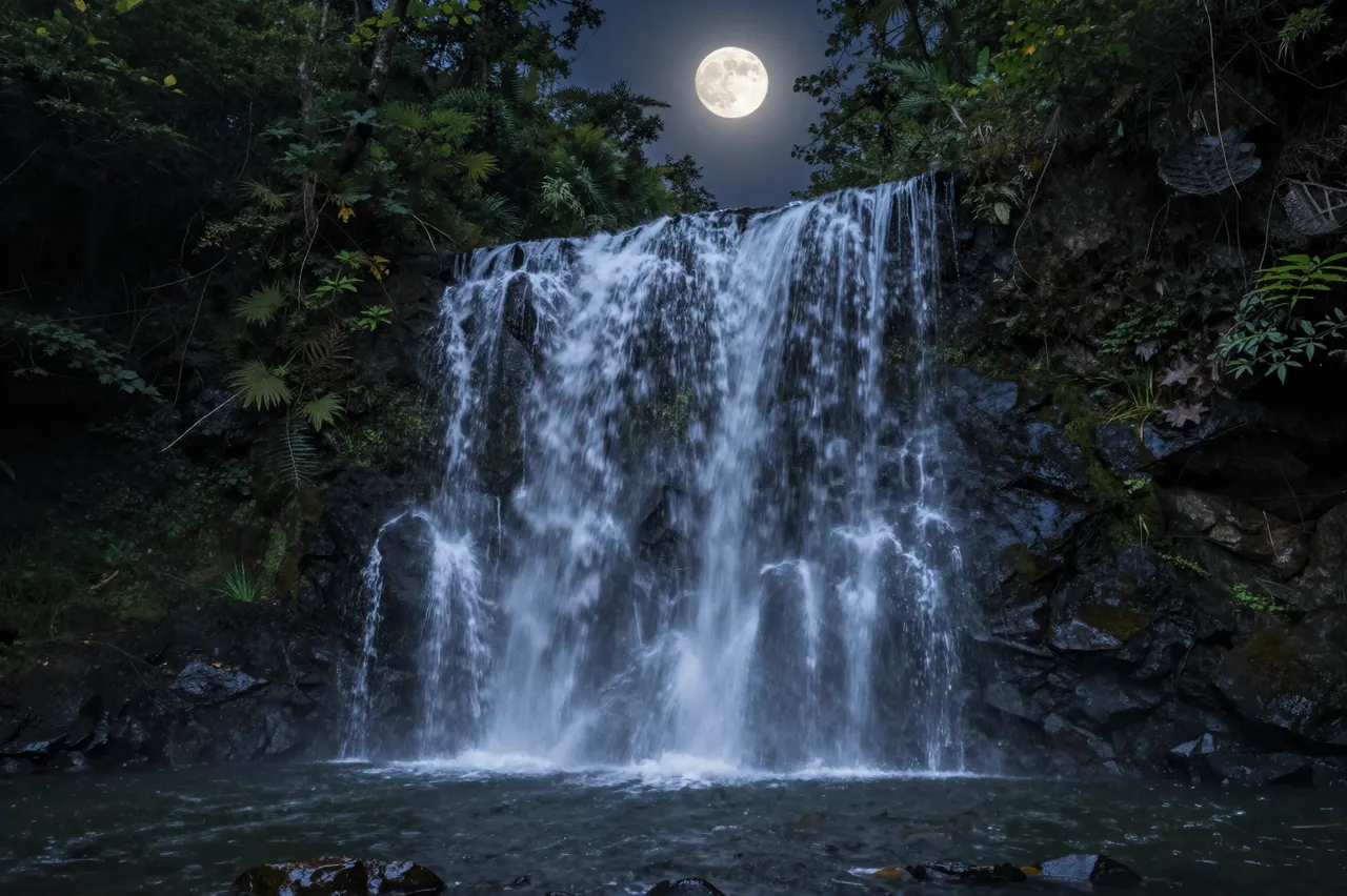 A cascading waterfall flows over dark rocks under a bright full moon in a dense night forest