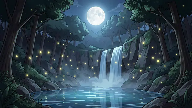 Anime-style illustration of a full moon over a forest waterfall with glowing fireflies above the pool