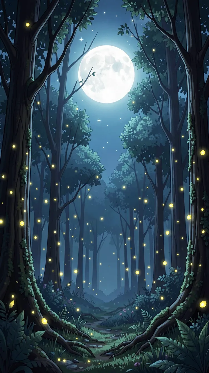 A stylized vertical forest scene lit by a bright full moon with glowing fireflies floating between trees