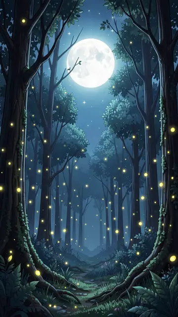 A stylized vertical forest scene lit by a bright full moon with glowing fireflies floating between trees