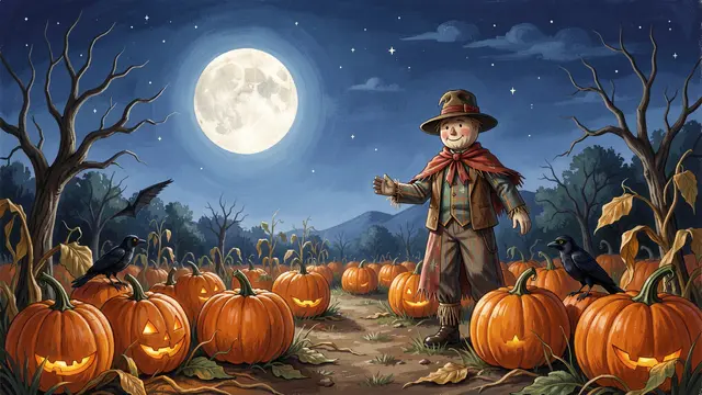A gouache illustration of a Halloween pumpkin patch with a friendly scarecrow, two perched crows, and a full glowing moon