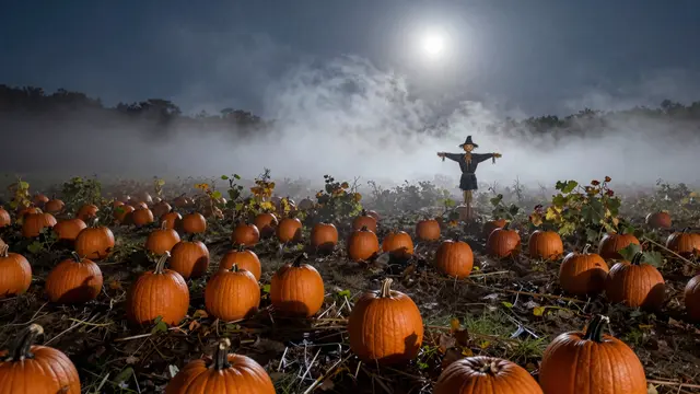 A foggy moonlit pumpkin patch at Halloween with a lone scarecrow standing in the distance