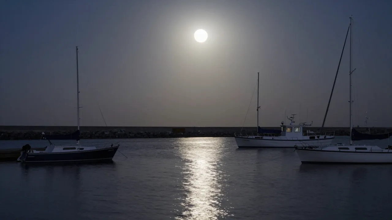 Full moon shines over a calm small harbor with moored sailboats and a silver reflection on the water