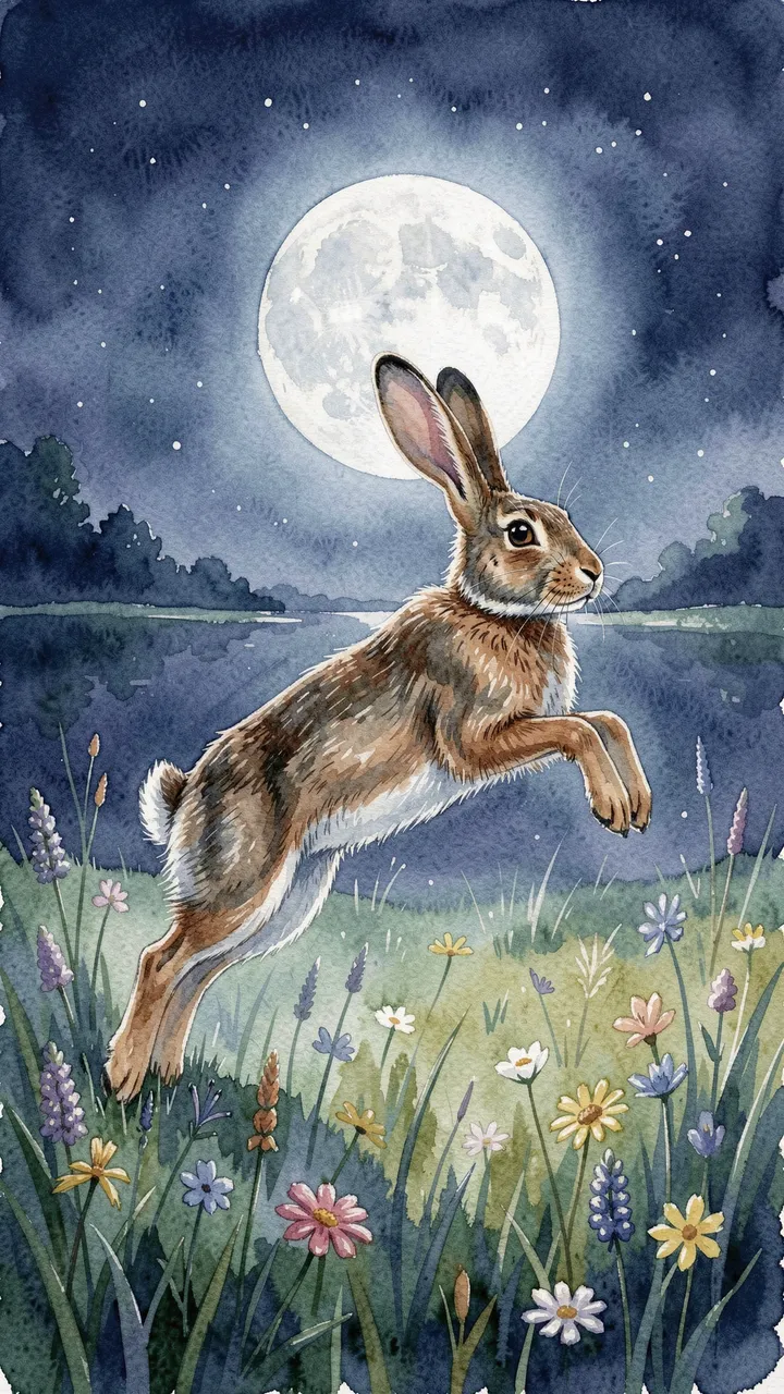 A watercolor illustration of a hare leaping above wildflowers under a full moon over a calm lake