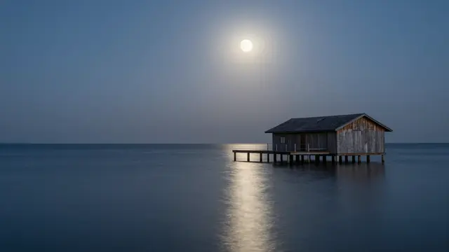 A weathered wooden stilt boathouse sits on glassy calm lake under a bright full moon at twilight