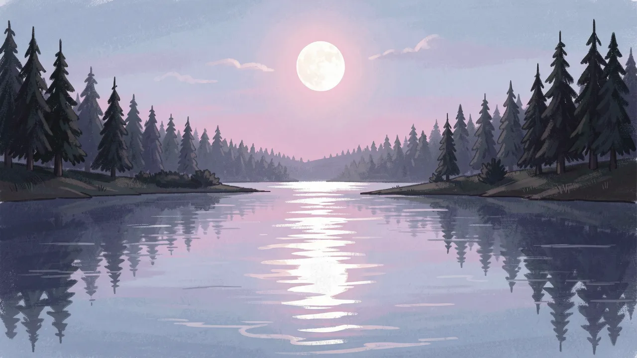 Full moon casts a silver reflection path across a calm lake flanked by dark pine trees