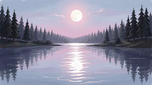 Full moon casts a silver reflection path across a calm lake flanked by dark pine trees