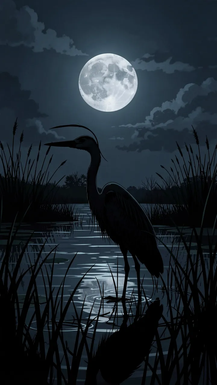 A dark heron silhouette stands in a marsh beneath a bright full moon at night