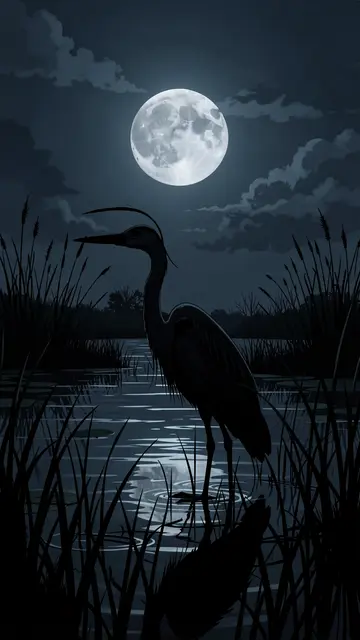 A dark heron silhouette stands in a marsh beneath a bright full moon at night