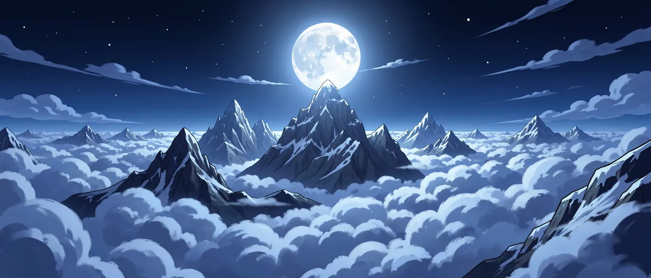Anime-style illustration of snow-capped mountain peaks rising above a sea of clouds under a bright full moon and starry