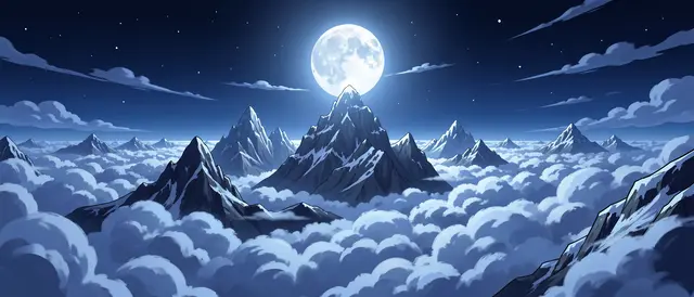Anime-style illustration of snow-capped mountain peaks rising above a sea of clouds under a bright full moon and starry