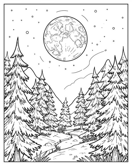 Black and white line art of a night landscape with a full moon above pine trees, mountains, and a winding forest path