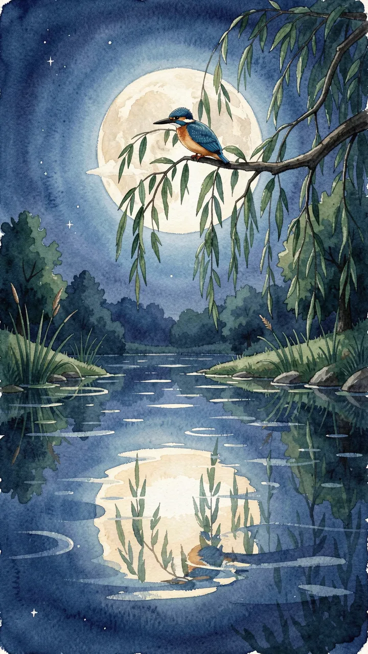 A kingfisher perches on a willow branch above a calm moonlit pond under a full moon
