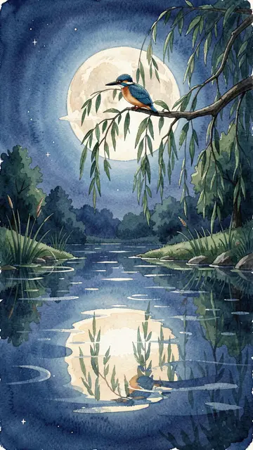 A kingfisher perches on a willow branch above a calm moonlit pond under a full moon