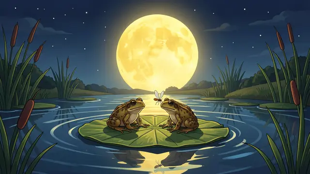 Two toads and a firefly rest on a shared lily pad under a large glowing yellow full moon above a calm night pond.