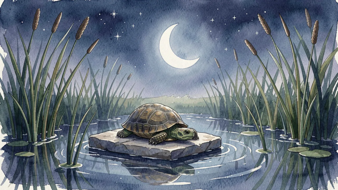 A box turtle rests on a flat stone in a moonlit pond surrounded by tall reeds under a crescent starry sky