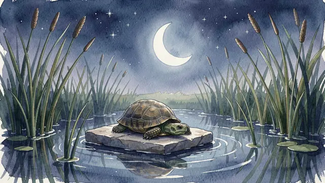 A box turtle rests on a flat stone in a moonlit pond surrounded by tall reeds under a crescent starry sky