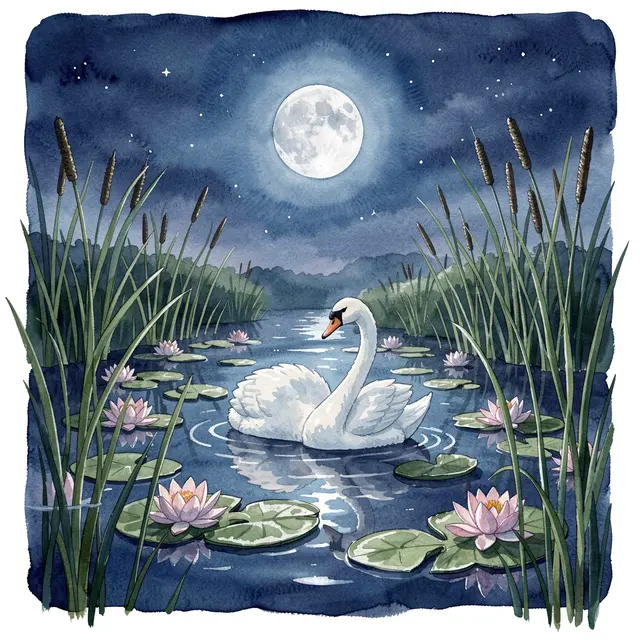 Watercolor illustration of a white swan floating on a moonlit pond with lily pads and reeds