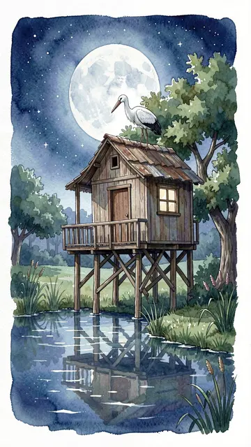 Watercolor illustration of a stilt treehouse over a pond with a stork on the roof under a full moon